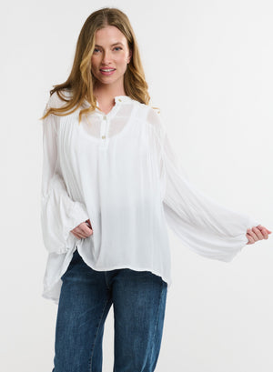 STAND COLLAR BILLOW BLOUSE - SOLID WHITE