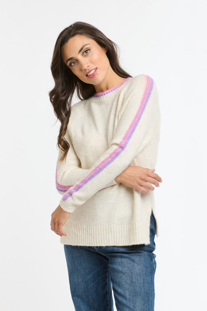 RACER ROUND NECK KNIT - SNOW & PINK